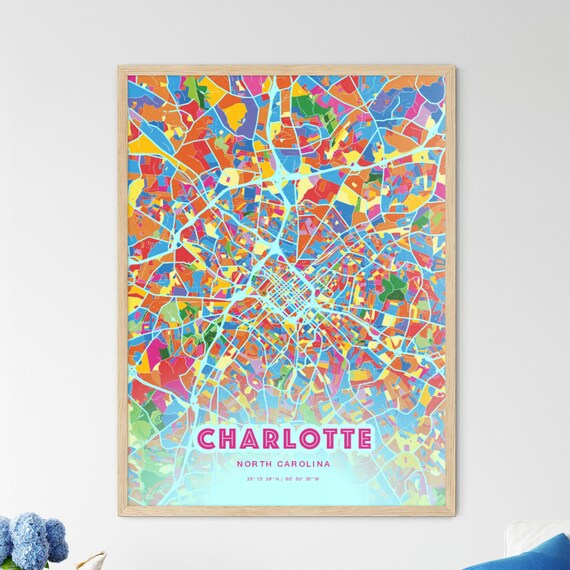 Charlotte North Carolina Colorful City Map Art Poster in Pink and Turquoise