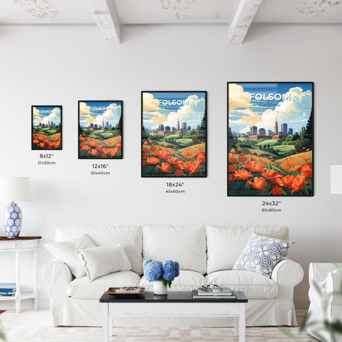 Folsom California Poppy Field Bloom City Skyline Travel Poster - Image 3
