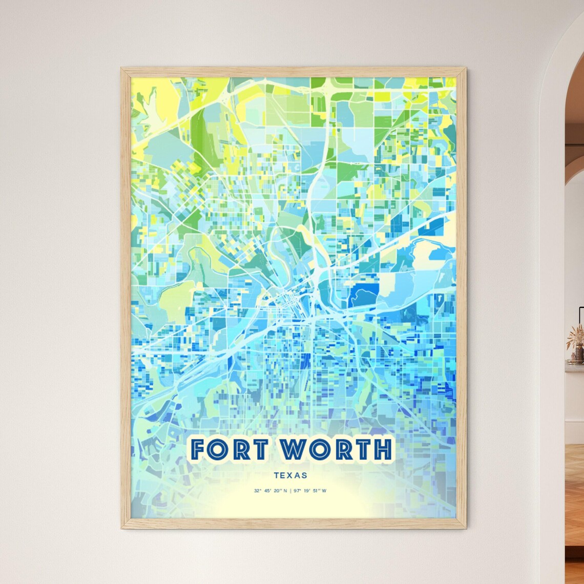 Fort Worth Texas Vibrant Abstract Watercolor City Street Map Poster