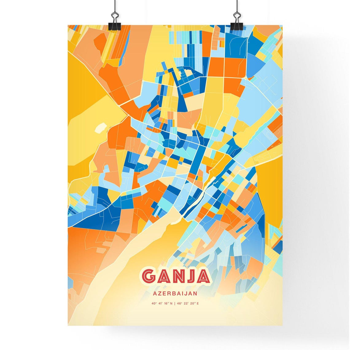 Ganja Azerbaijan Colorful Blue Orange City Map Retro Art Print - Image 3
