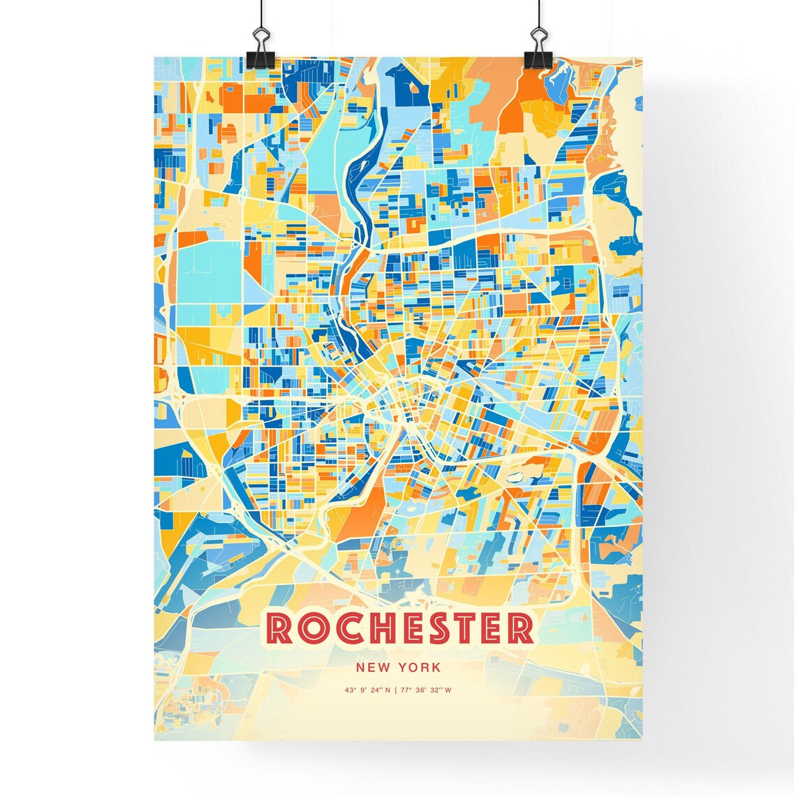 Rochester New York Colorful Blue Orange Street Map Art Poster - Image 3
