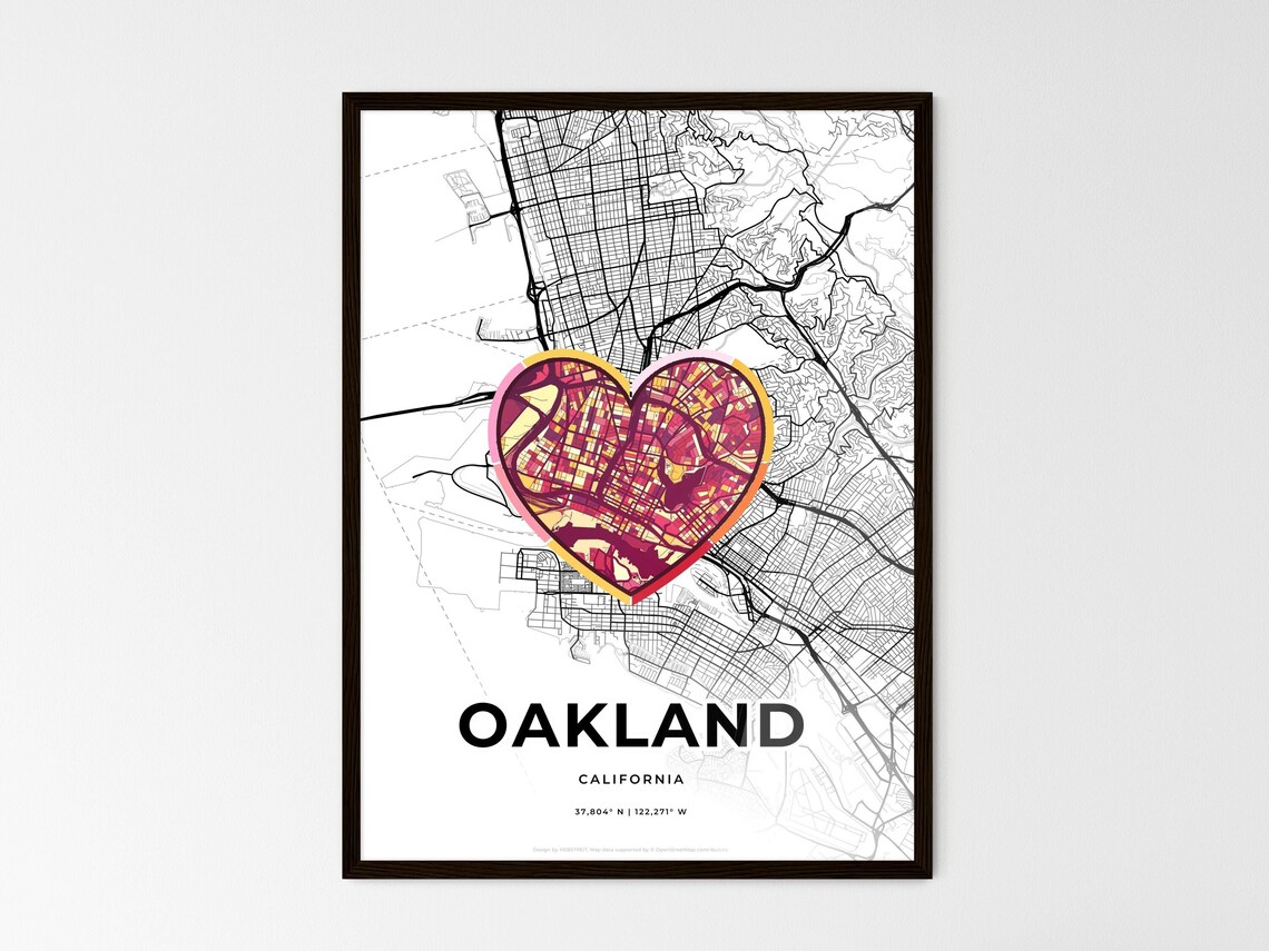 Oakland California Minimal City Map Colorful Heart Icon Art Poster