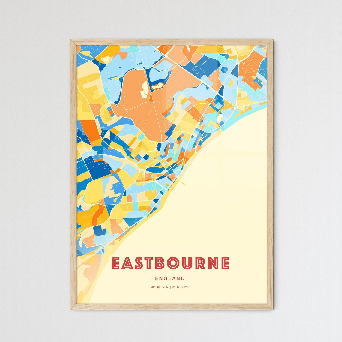Eastbourne England City Map Art Poster in Bold Blue and Orange
