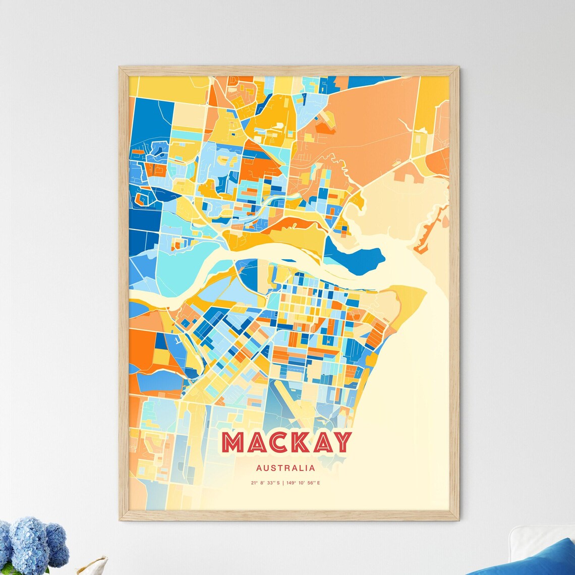 Mackay Australia Colorful City Map Poster Blue Orange Queensland Decor