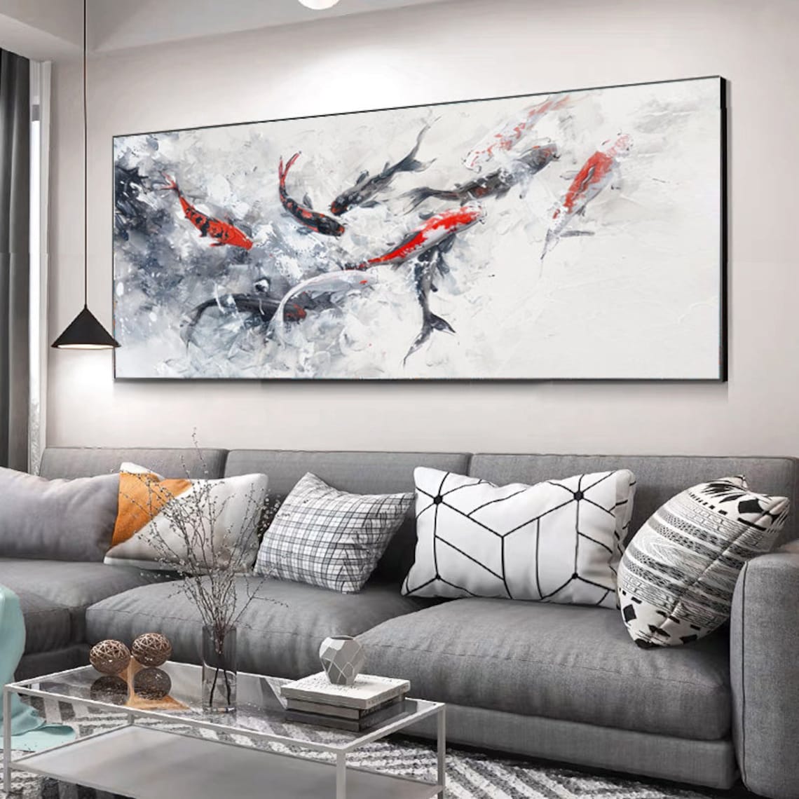 Black and White Koi Fish Oil Painting Wall Art - Image 2
