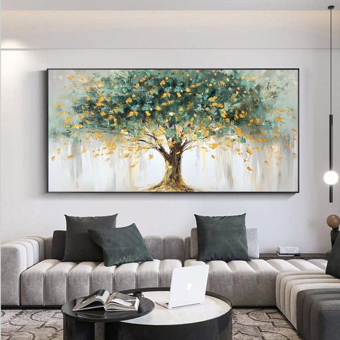 Lush Golden Green Money Tree Symbol of Prosperity Panoramic Wall Art - Image 5