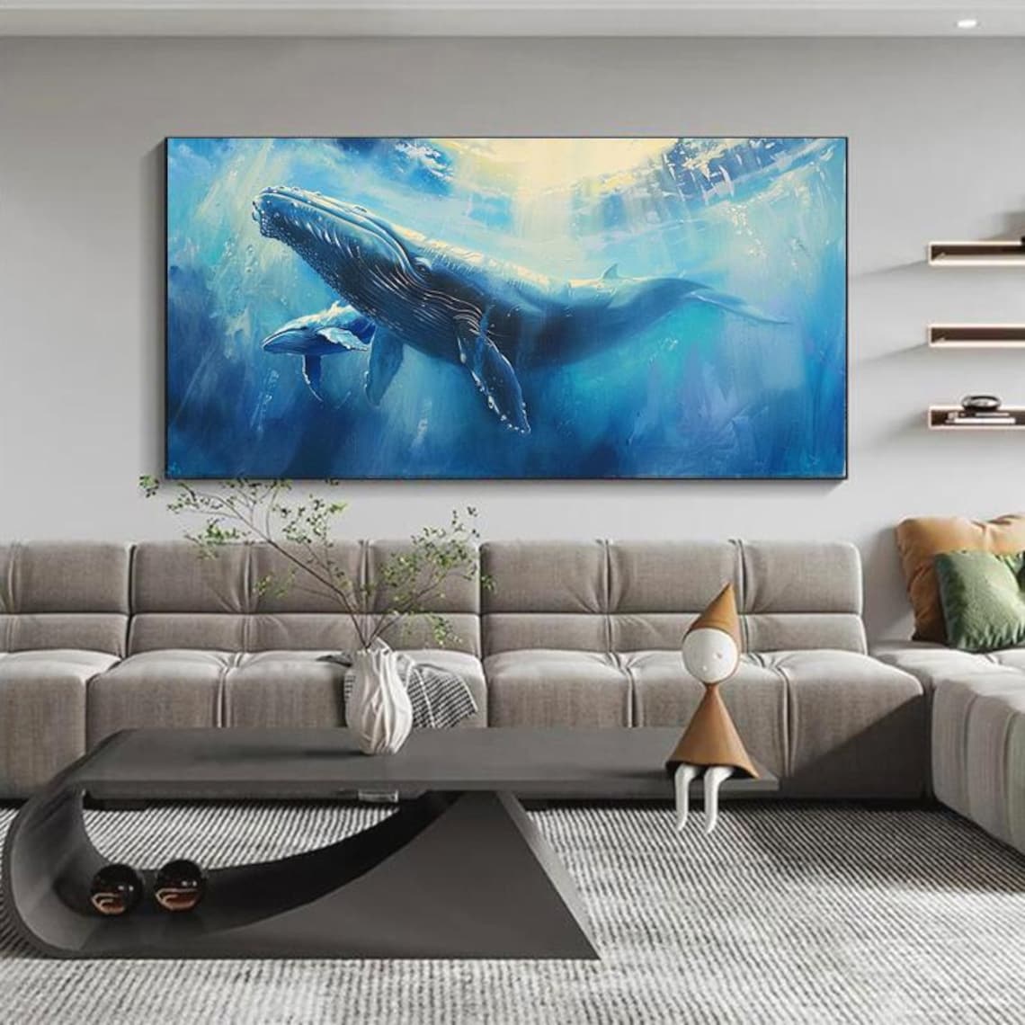 Abstract Blue Whale Ocean Art Print, Sunlit Oil Painting - Image 5