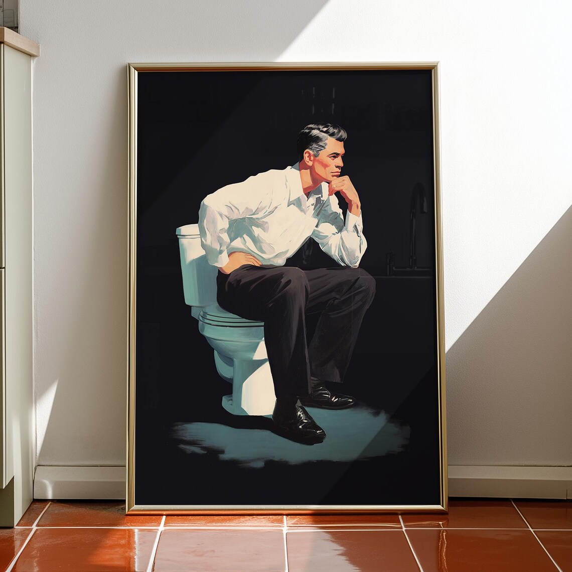 Man on Toilet Thinking Retro Nostalgic Bathroom Humor Funny Poster