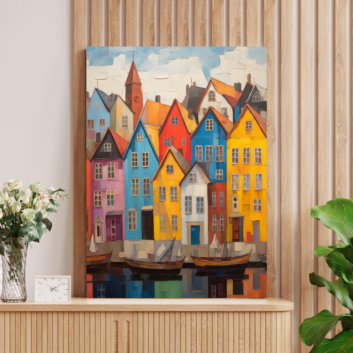 Colorful European Harbor Cityscape with Fishing Boats Poster