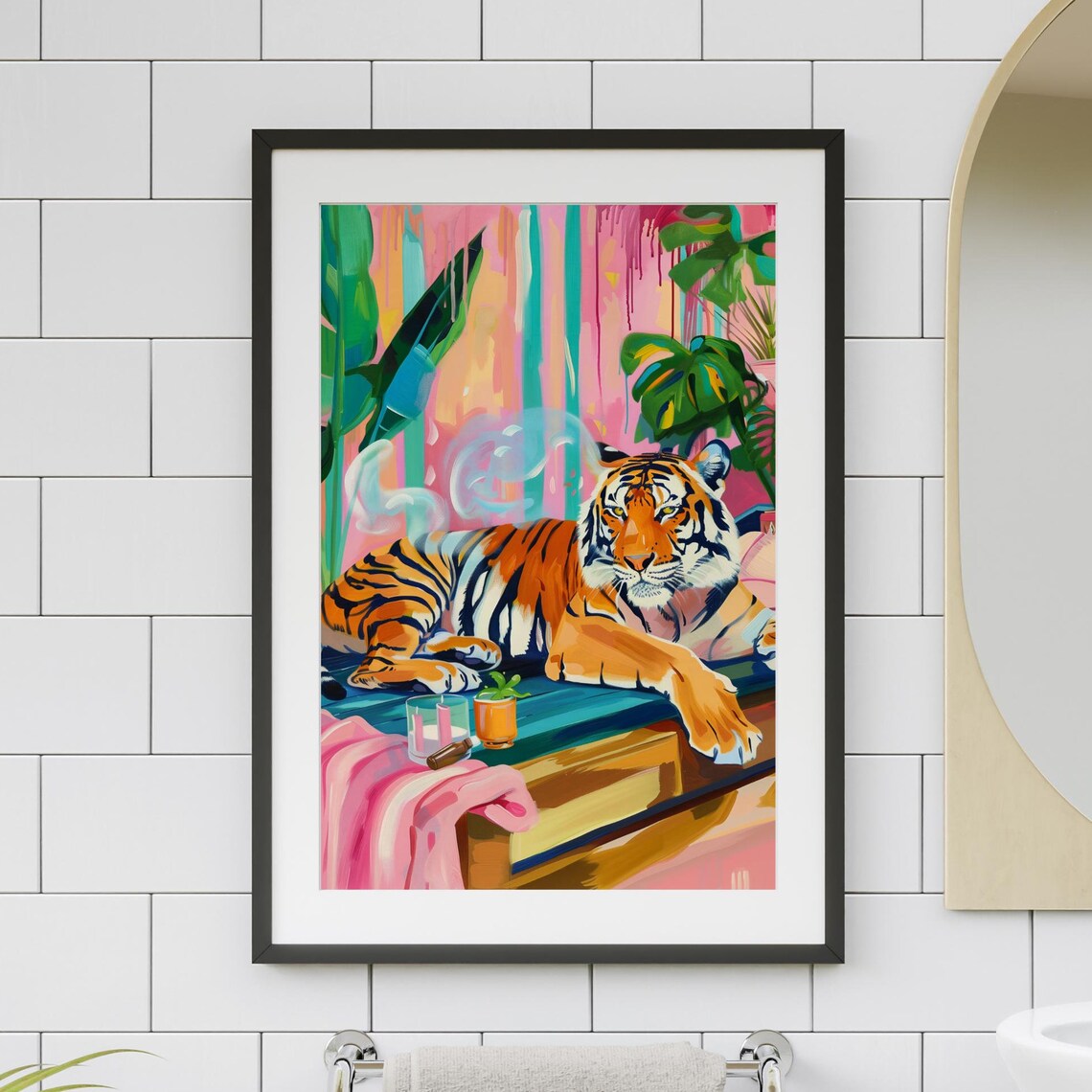 Tiger Lounging on a Pink Bathroom Counter With Candles Poster