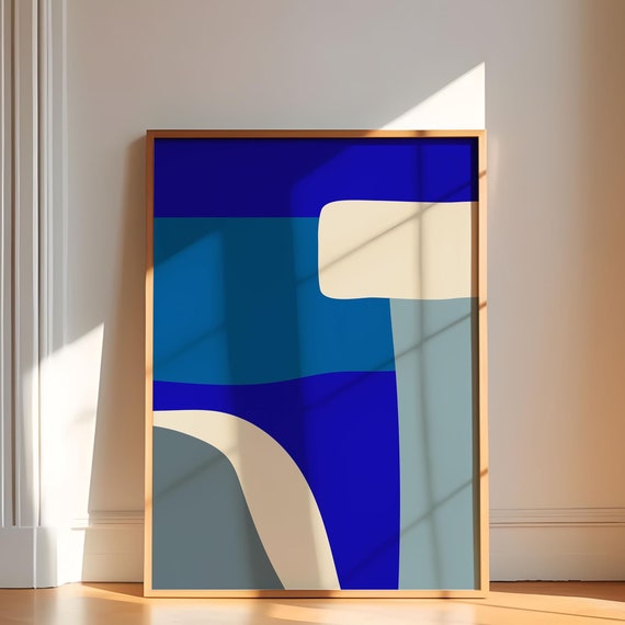 Blue Minimalist Abstract Wall Art Contemporary Poster Geometric Print Bold Color Large Size