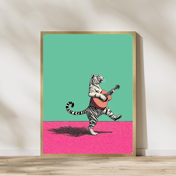 Tiger Playing Guitar Funny Retro Animal Art Poster Teal Pink