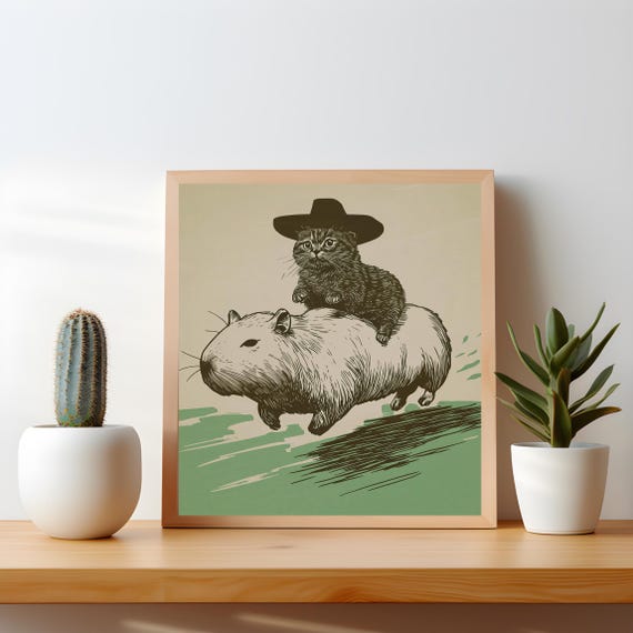 Funny Cowboy Cat Capybara Quirky Retro Poster