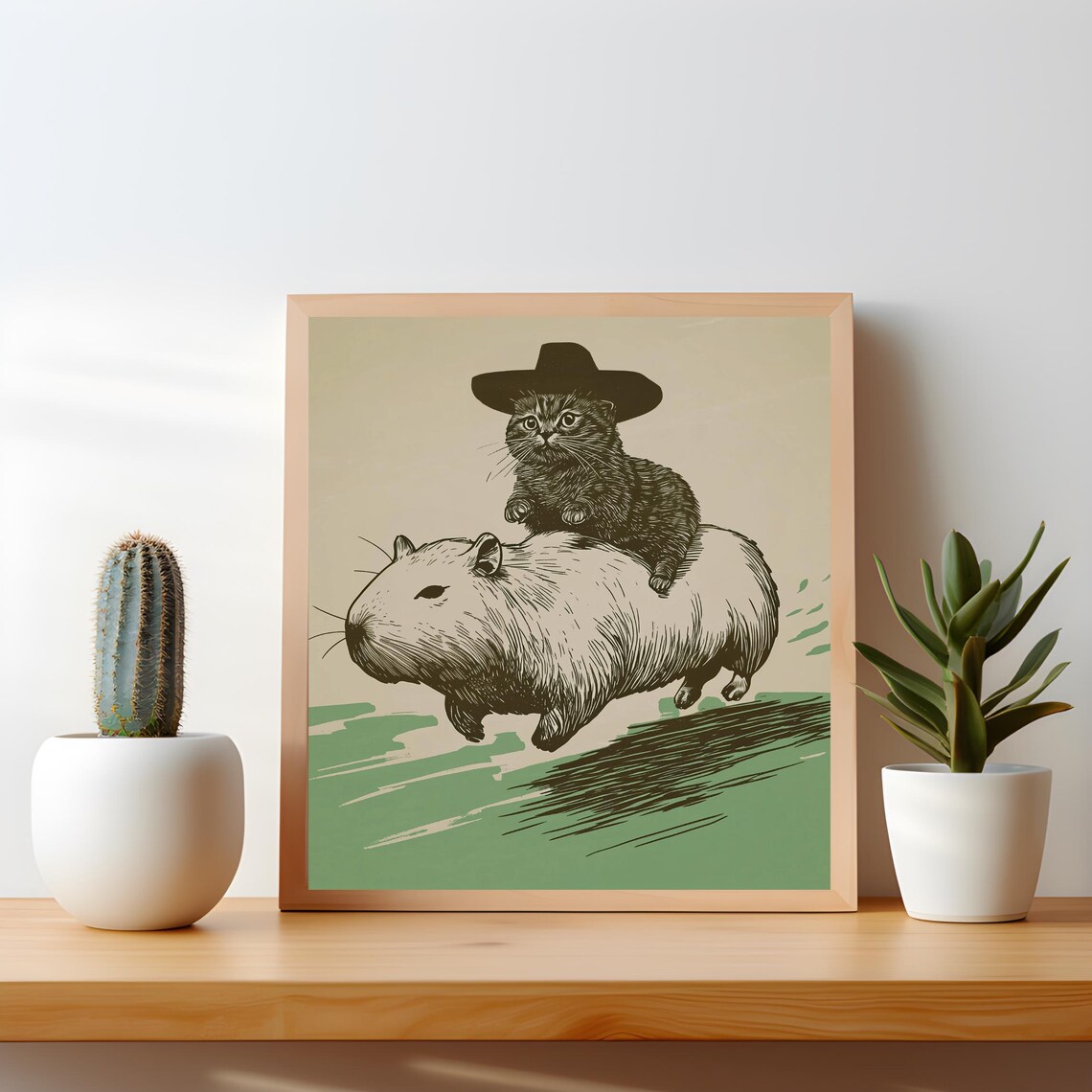 Funny Cowboy Cat Capybara Quirky Retro Poster