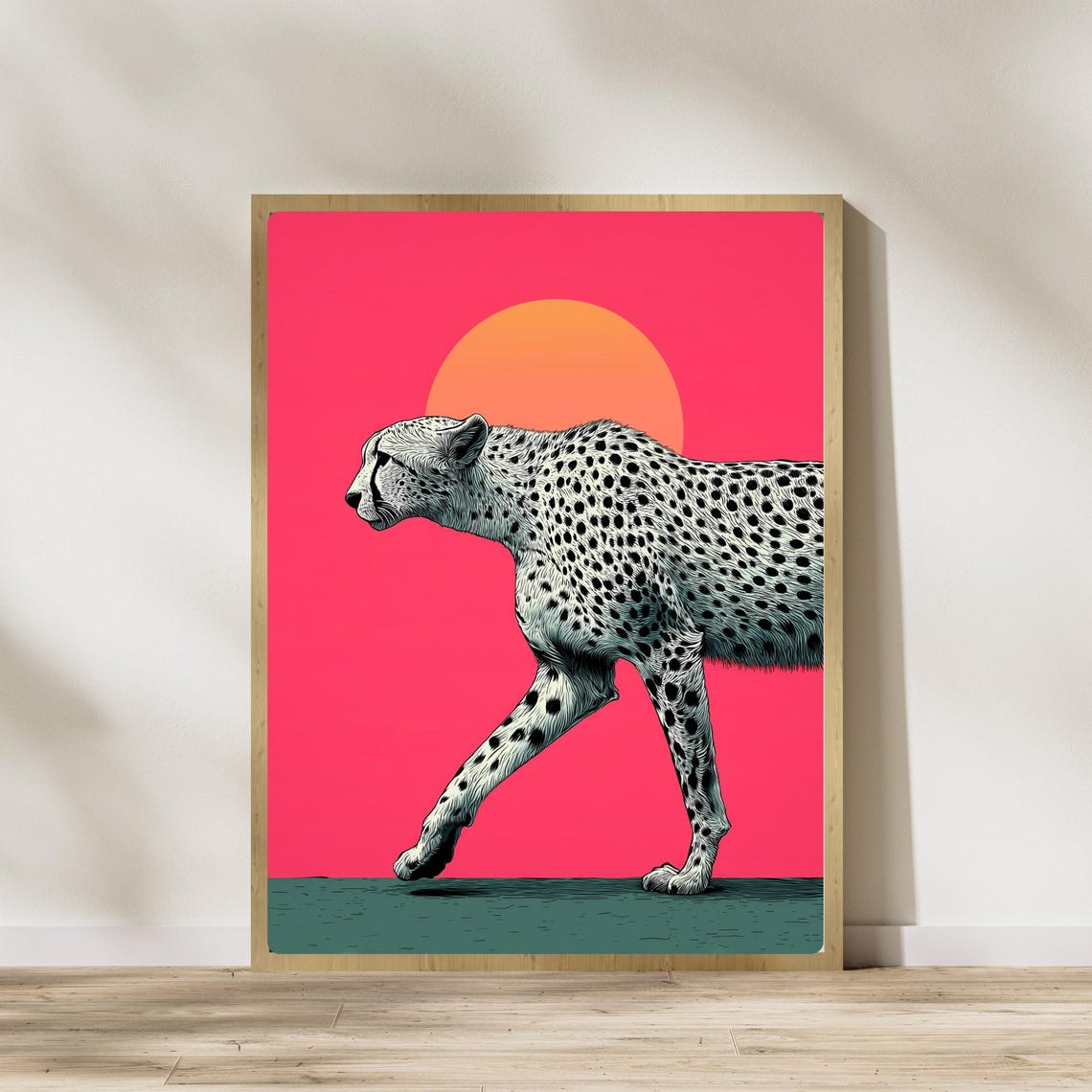 Wild Cheetah Walking Under A Hot Pink Sky With Orange Sun Poster