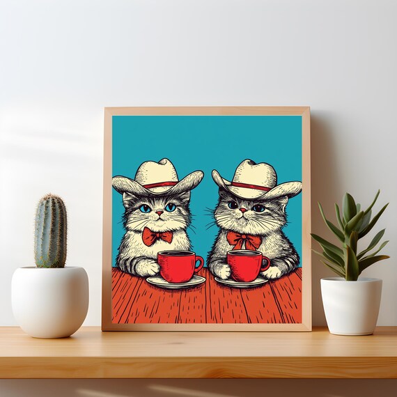 Funny Cowboy Cats Coffee Poster Quirky Cat Wall Art Maximalist Dopamine Decor Wild West Print Lover Gifts