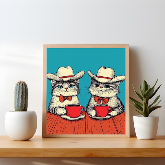 Two Kitten Cowboys with Coffee Cups Red Bow Tie Illustration Poster