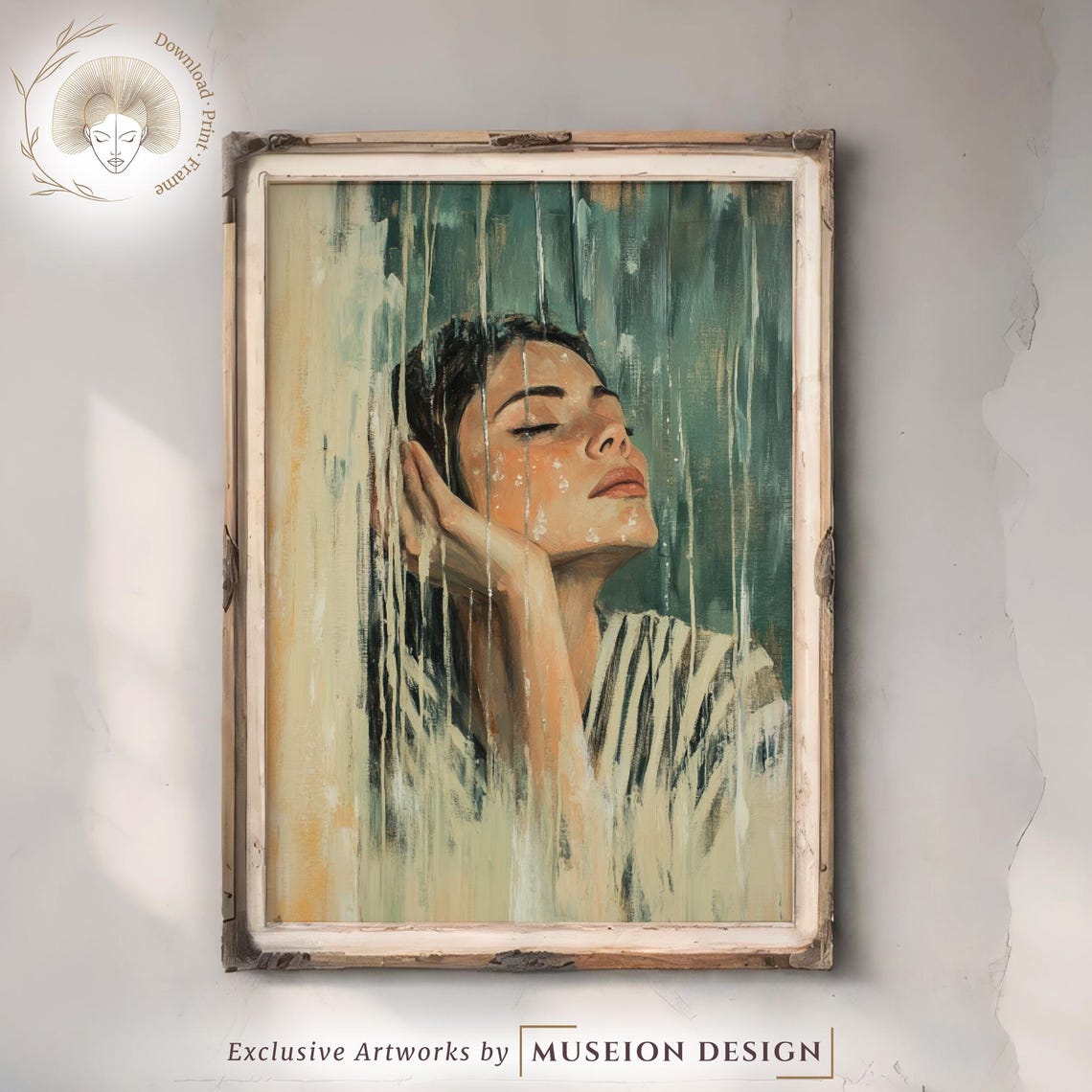 Woman In Rain Expressive Abstract Painting Tranquil Green Wall Art