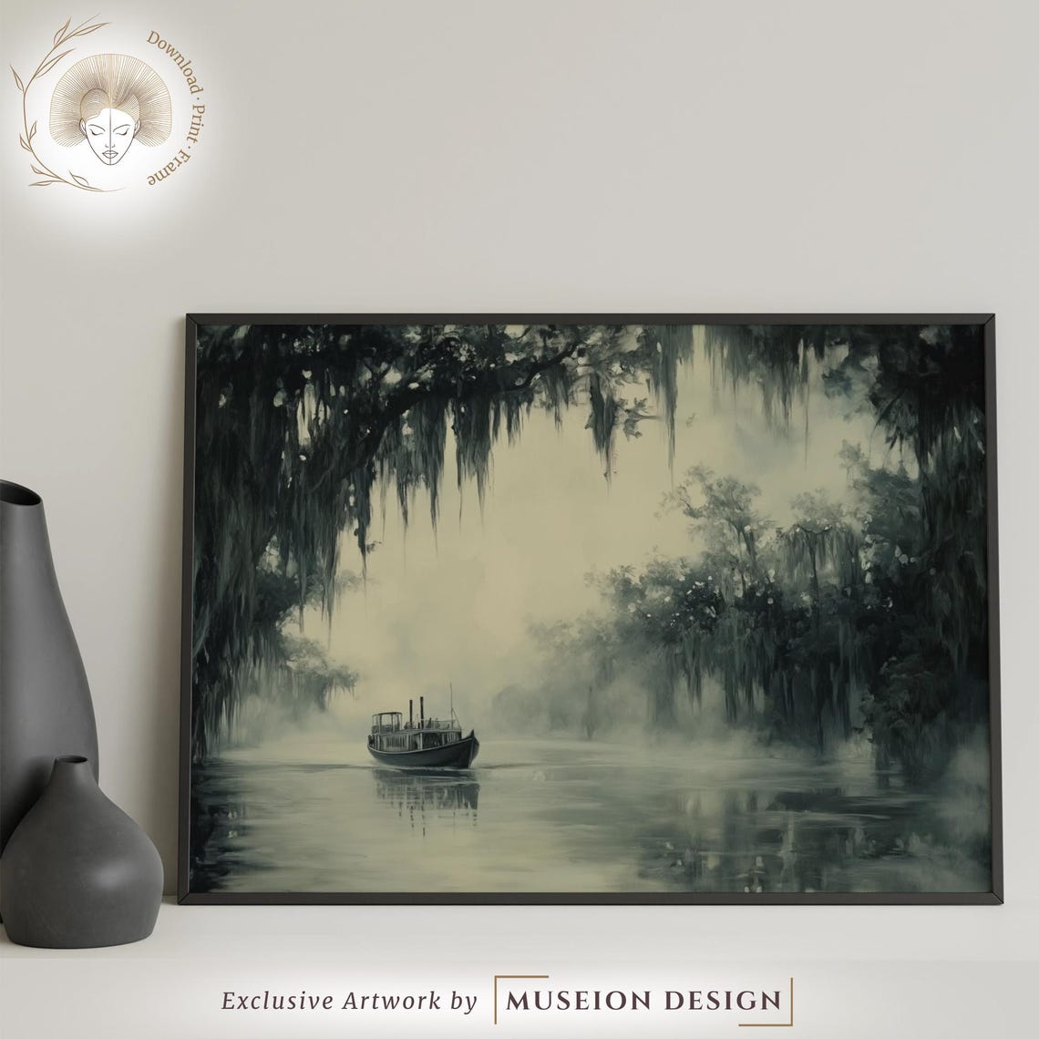 Misty Forest Riverboat Tranquil Bayou Landscape Horizontal Art Poster