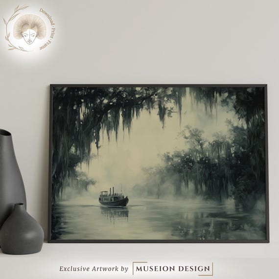 Misty Forest Riverboat Print Tranquil Landscape Wall Art Scenic Horizontal Nature Decor