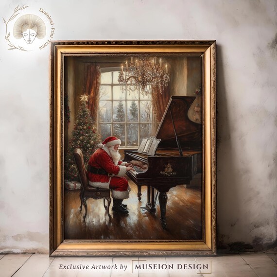 Santa Claus Playing Grand Piano Vintage Christmas Scene Poster