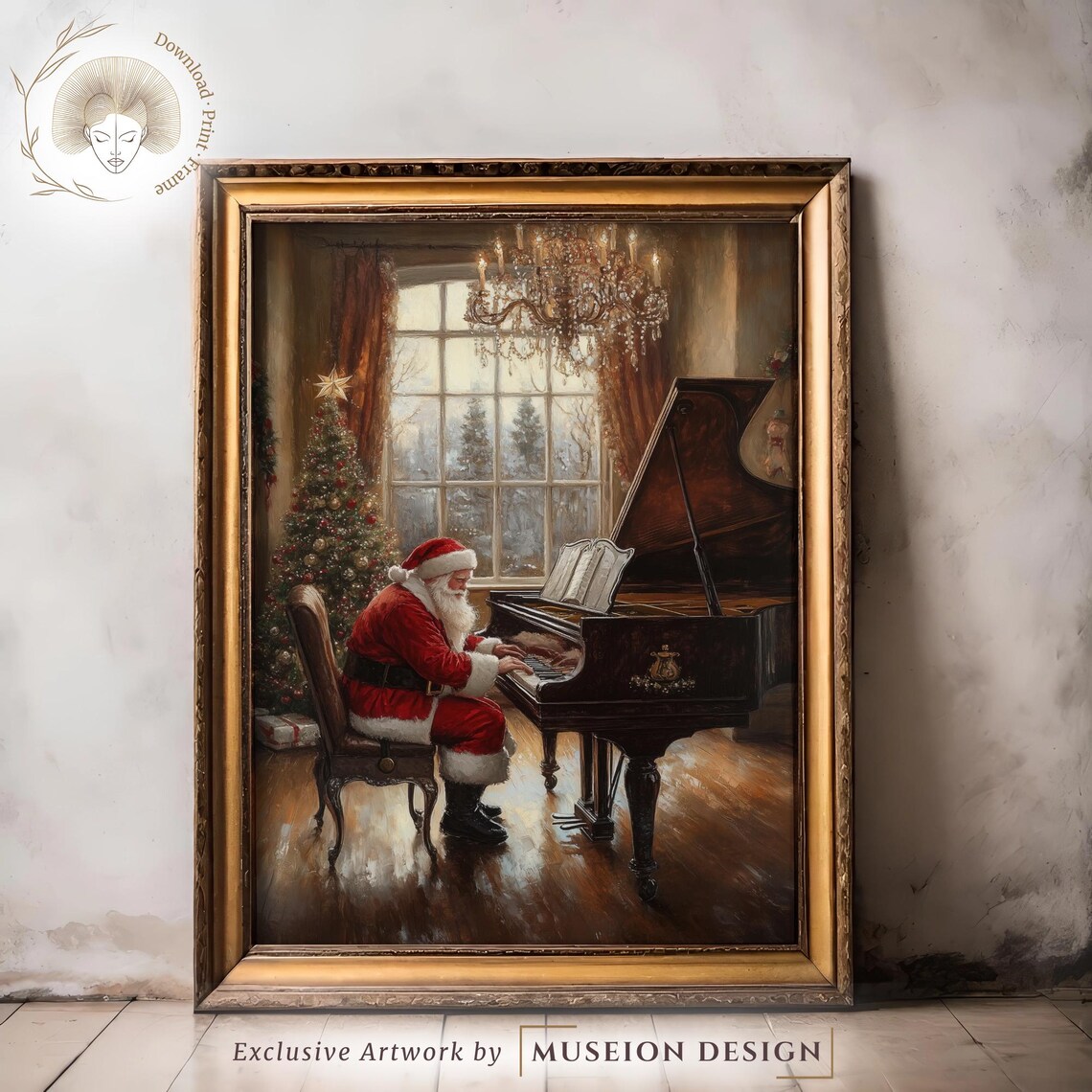Santa Claus Playing Grand Piano Vintage Christmas Scene Poster