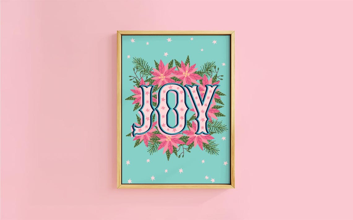 Joy Star Lettering Pink Poinsettia Mint Christmas Typography Poster