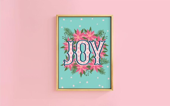 Joy Star Lettering Pink Poinsettia Mint Christmas Typography Poster