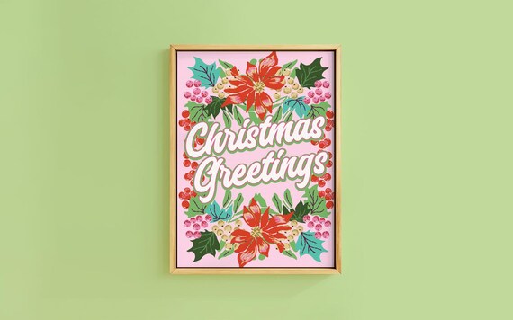 Christmas Greetings Pink Poinsettia Holly Floral Holiday Poster