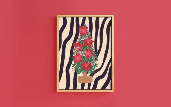 Zebra Stripe Poinsettia Potted Christmas Tree Bold Pattern Poster