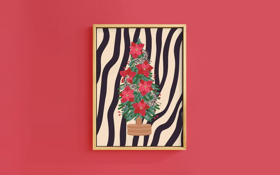 Zebra Stripe Poinsettia Potted Christmas Tree Bold Pattern Poster