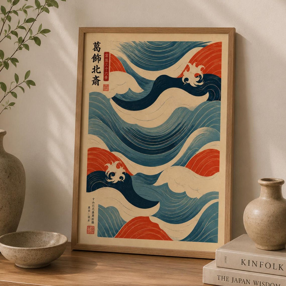 Japanese Wave Wall Art Print Ukiyo E Inspired Ocean Poster Vintage Decor Coastal Zen