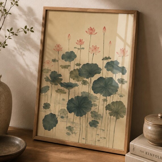Lotus Flower Botanical Print Pink Blossom Ink Style Wall Decor Art