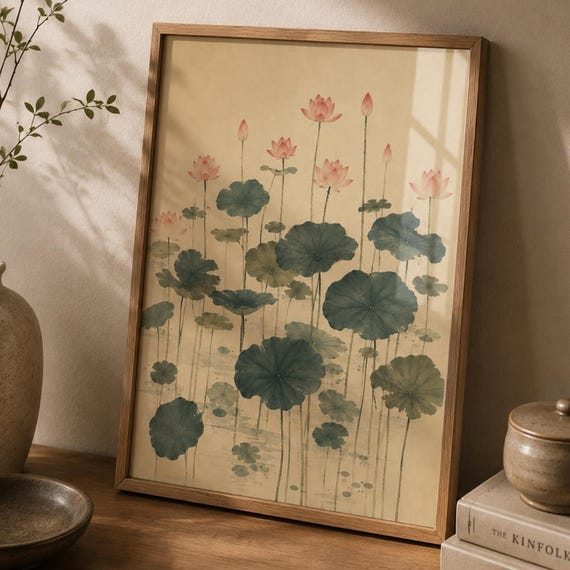 Lotus Flower Wall Art Botanical Floral Poster Serene Nature Print Soft Green And Blush Pink Decor For Bedroom Or Living Room
