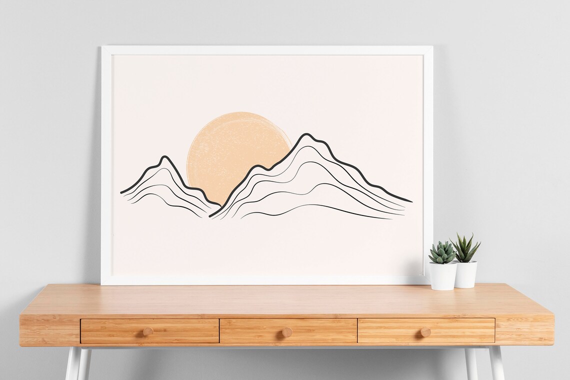 Line Art Mountains Ochre Sun Minimalist Desert Sunset Nature Poster - Image 3