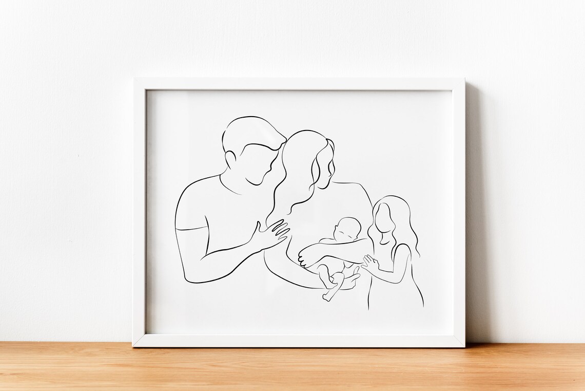 Mom Dad Daughter and Baby Line Art Minimalist Family of Four Poster