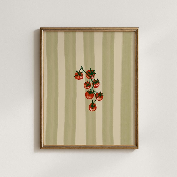 Cherry Tomato Vine Painted On Sage Green Striped Kitchen Food Wall Art