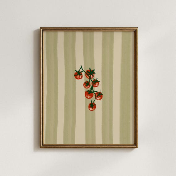 Tomato Poster Mediterranean Print Green Stripe Vintage Italy Kitchen Wall Art