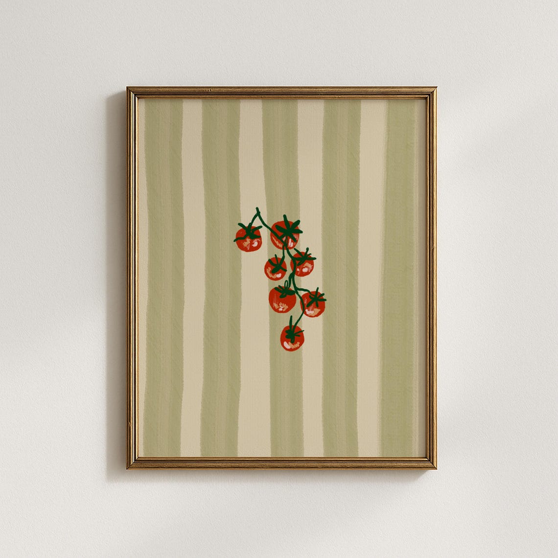 Cherry Tomato Vine Painted On Sage Green Striped Kitchen Food Wall Art