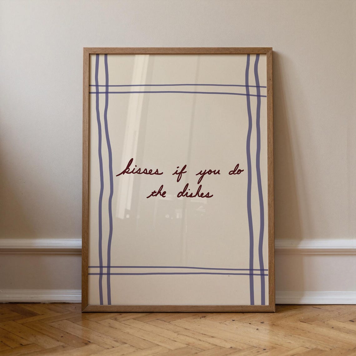 Kisses If You Do the Dishes Blue Striped Kitchen Quote Poster