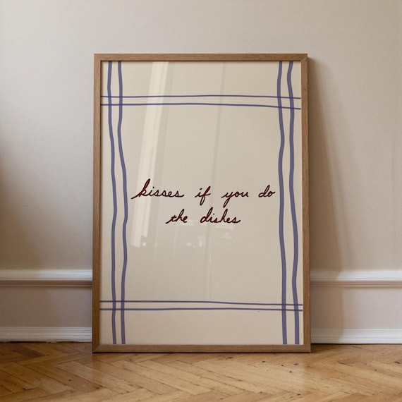 Kisses If You Do The Dishes Print Neutral Kitchen Decor Blue Stripes Vertical