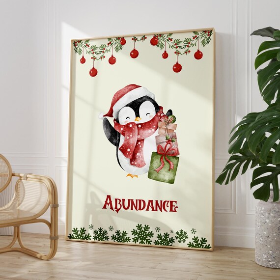 Abundance Penguin Holding Christmas Gifts Watercolor Holiday Poster