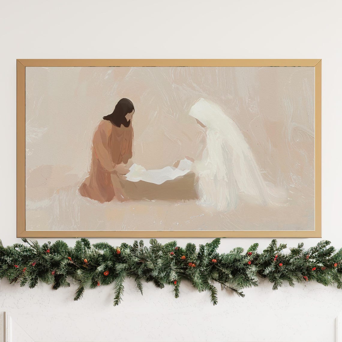 Abstract Nativity Painting Mary Joseph Baby Jesus Neutral Art Poster - Image 3