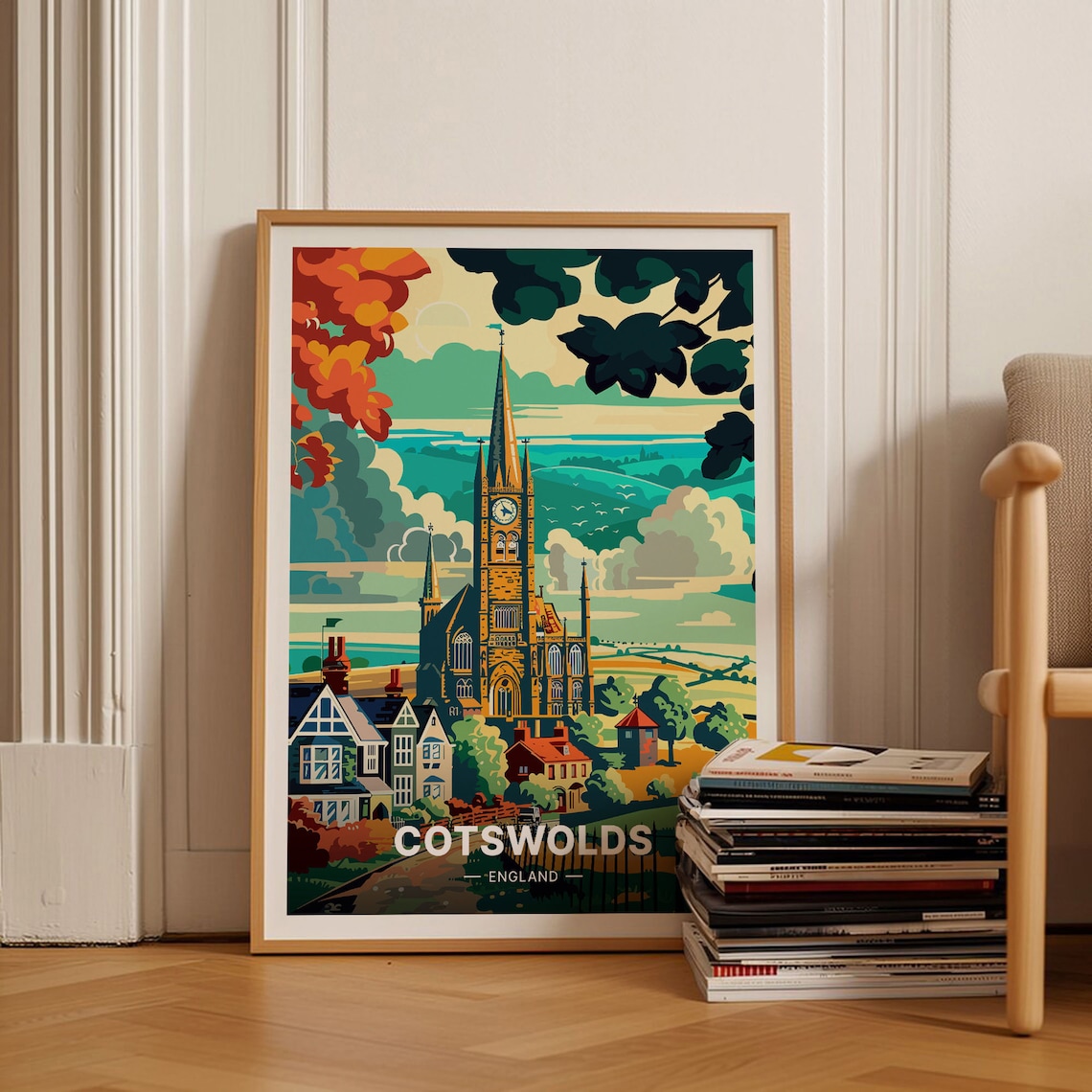 Cotswolds England Travel Poster Village Church Rolling Hills Art