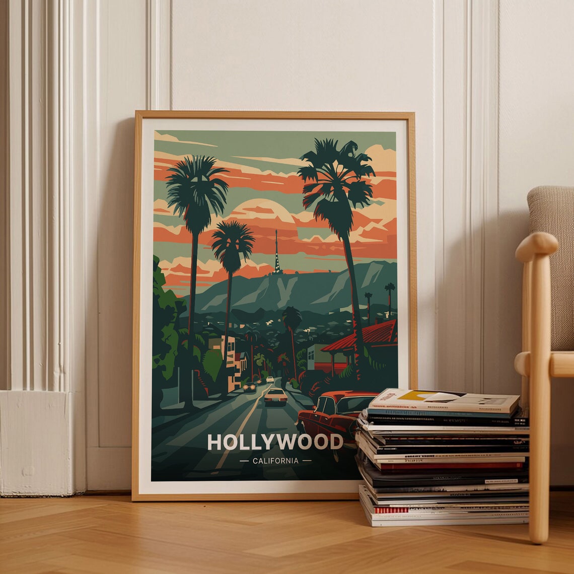 Hollywood California Retro Sunset Boulevard Palm Trees City Poster