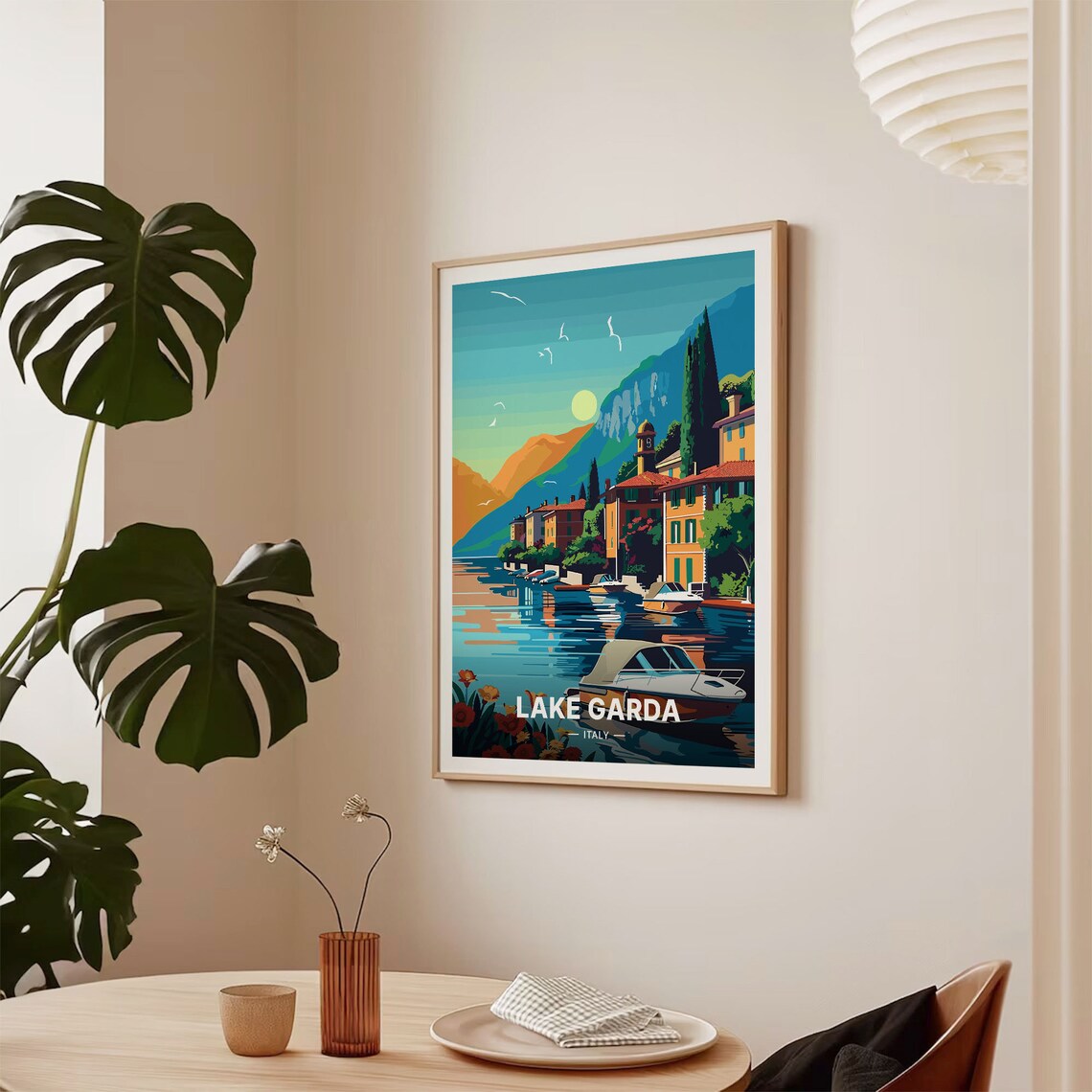 Lake Garda Italy Lakeside Town Sunset Boats Vintage Travel Poster - Image 2