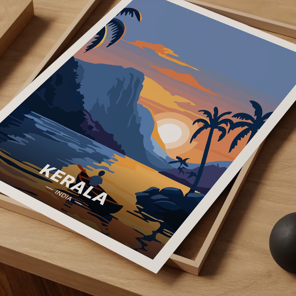 Kerala India Sunset Backwaters Palm Trees Canoe Travel Poster - Image 3