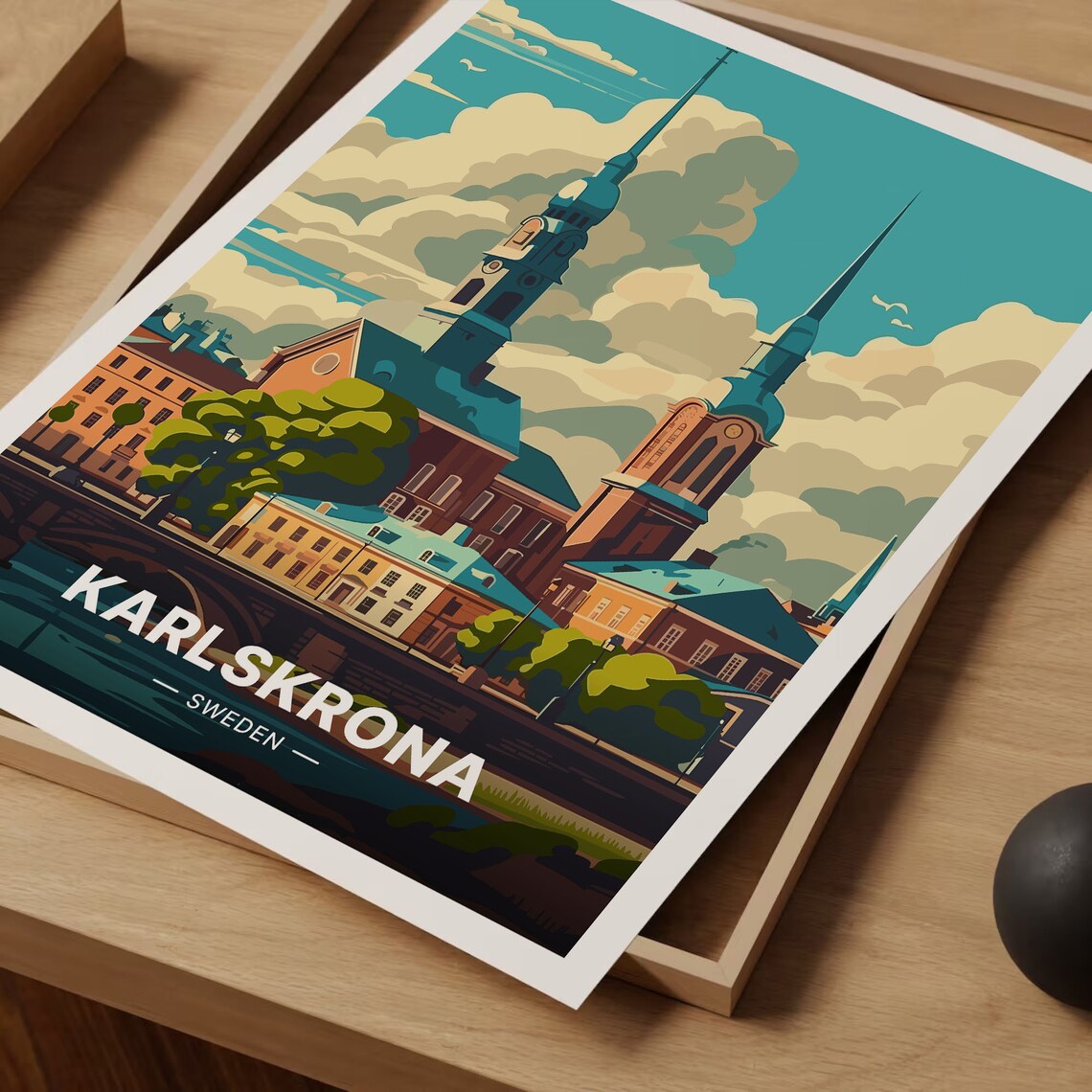 Karlskrona Sweden Twin Church Towers Waterfront Travel Poster - Image 3