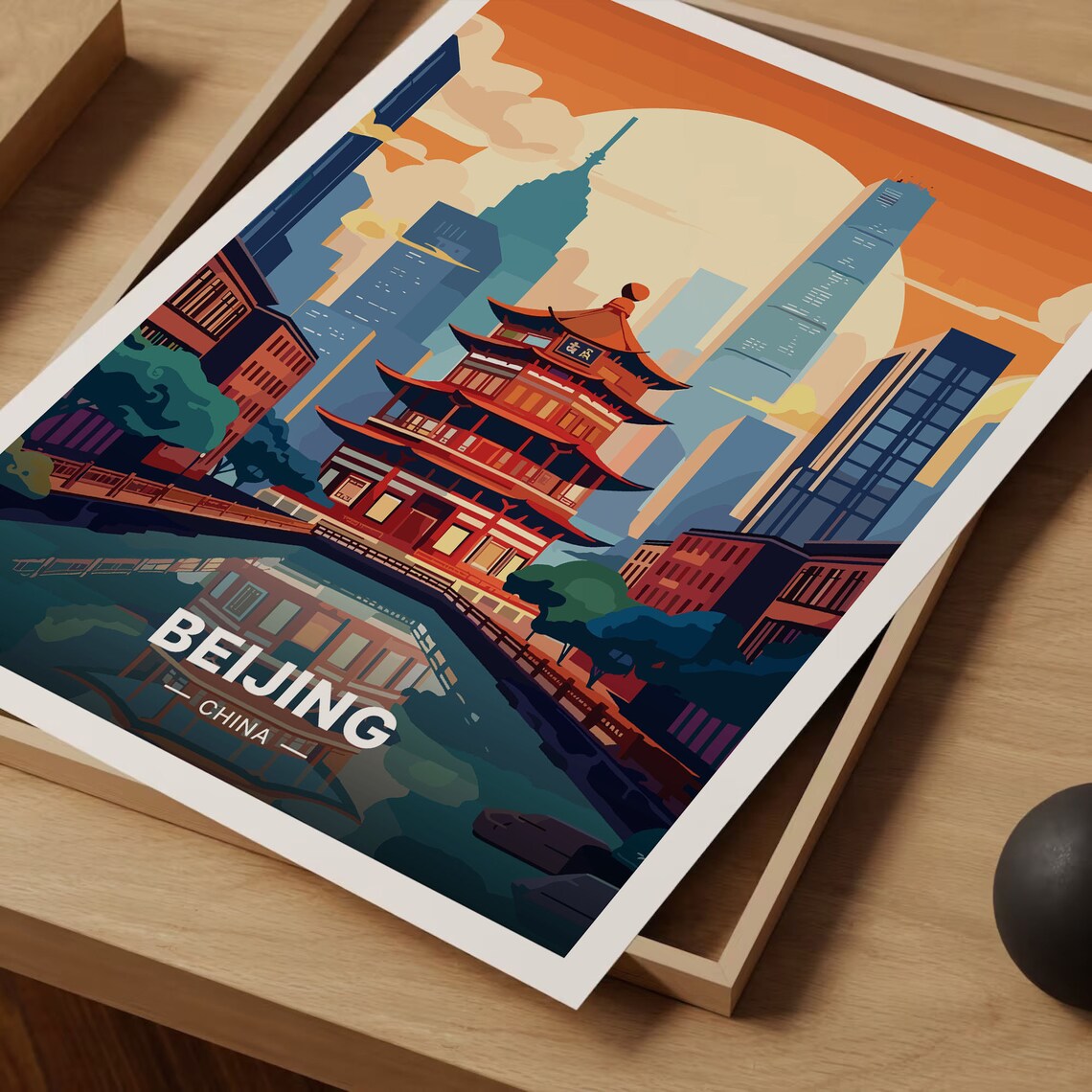 Beijing Pagoda Temple Old City Skyline Sunset Retro Travel Poster - Image 3