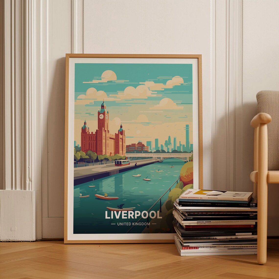 Liverpool UK Clock Tower Waterfront Boats Cityscape Travel Poster
